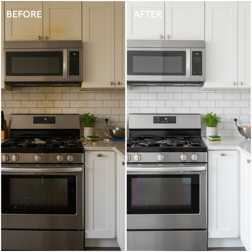 Before and after kitchen deep cleaning showing transformation from greasy, dirty surfaces to spotlessly clean appliances and countertops