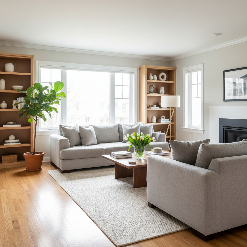 Pristine living room with spotless floors, dust-free furniture, organized surfaces, and fresh appearance from regular maintenance cleaning