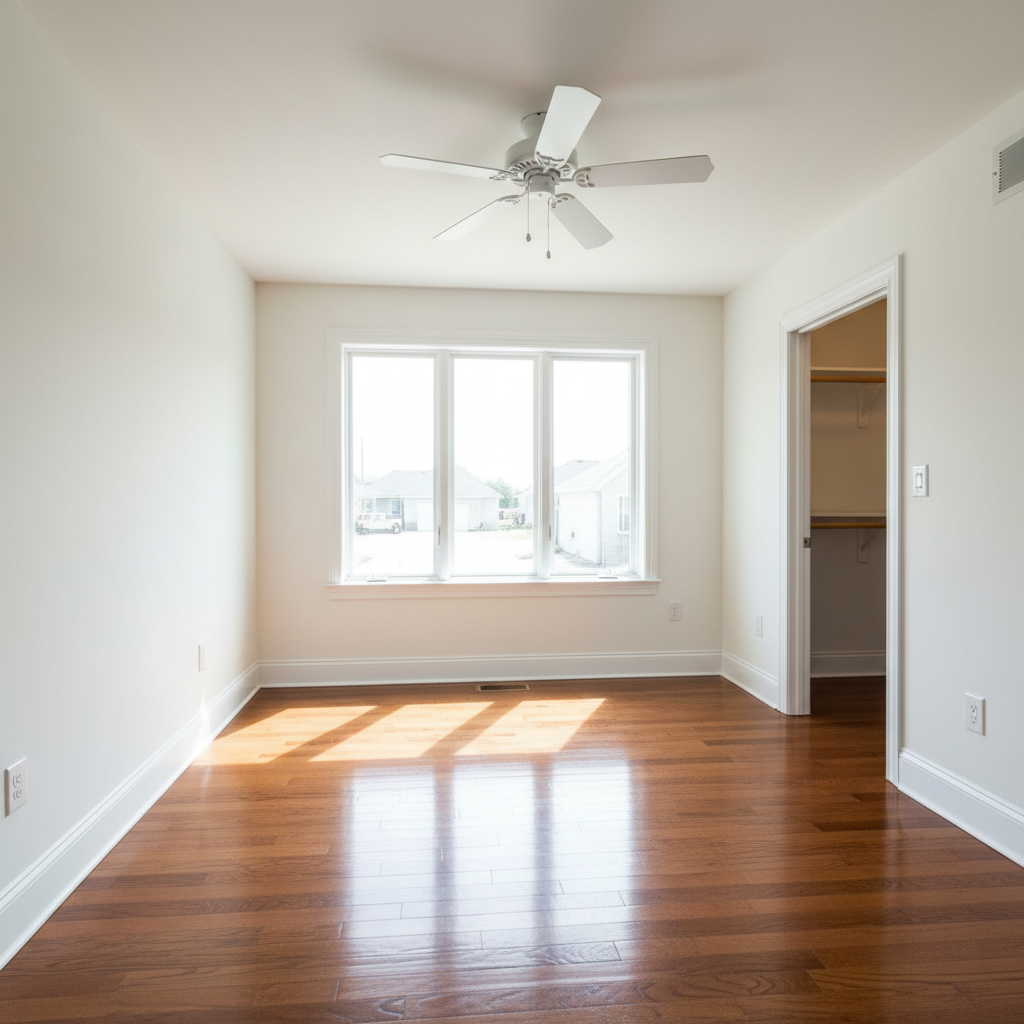 Freshly cleaned empty bedroom prepared for new residents with spotless walls, gleaming floors, and crystal clear windows