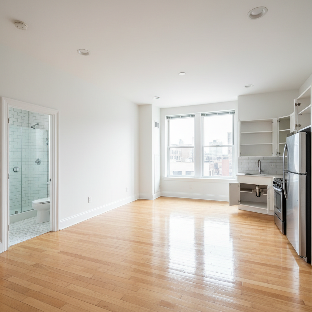 Empty property interior cleaned to inspection standards with pristine walls, spotless floors, and crystal clear surfaces