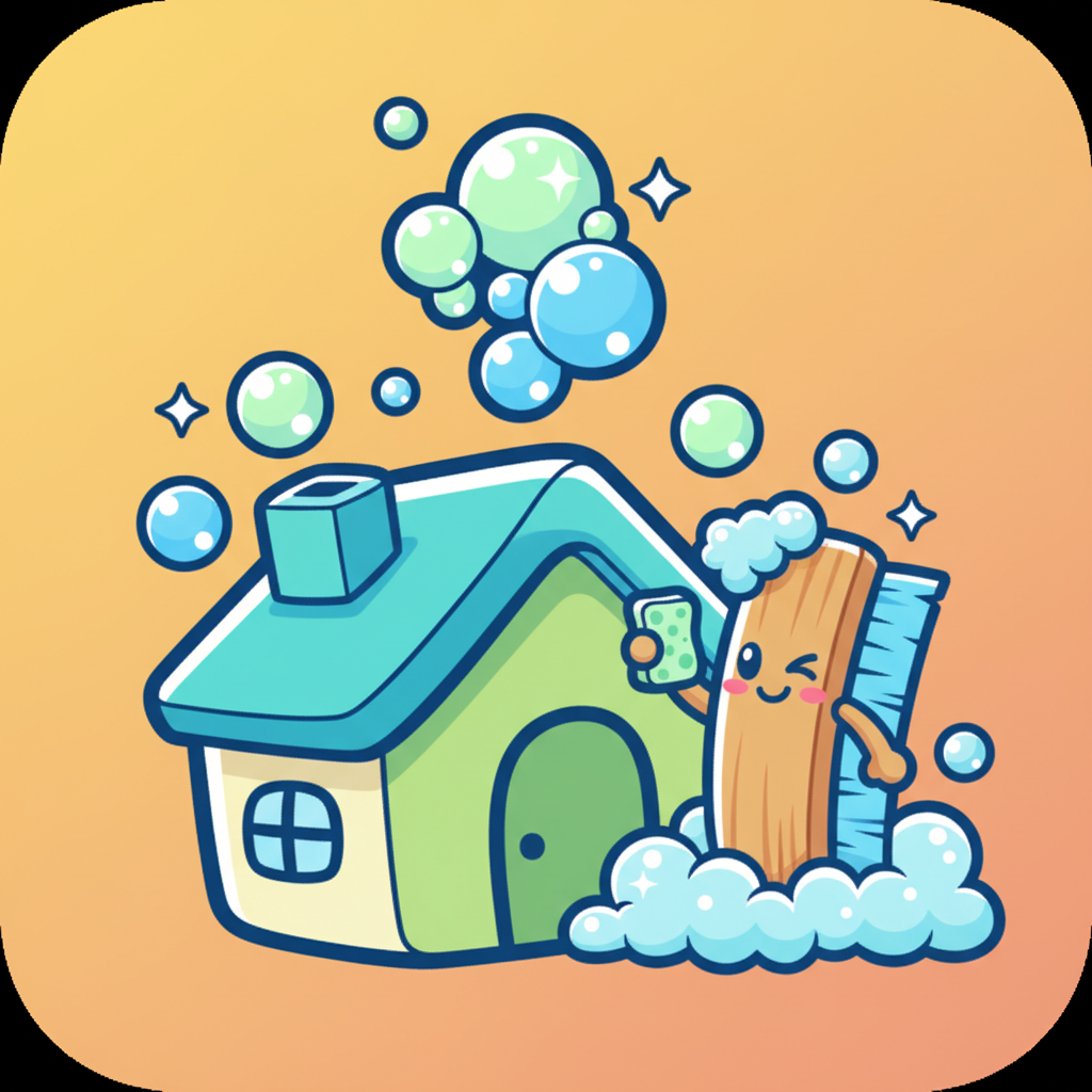 Home Cleaning Home logo - cute cartoon house with cleaning bubbles and brush character