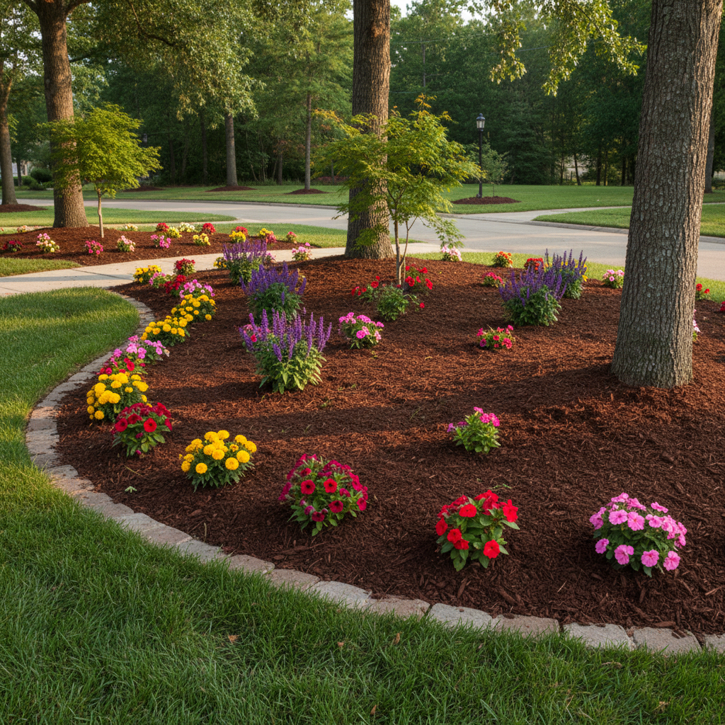 Freshly applied mulch around flower beds with colorful plants and clean edges