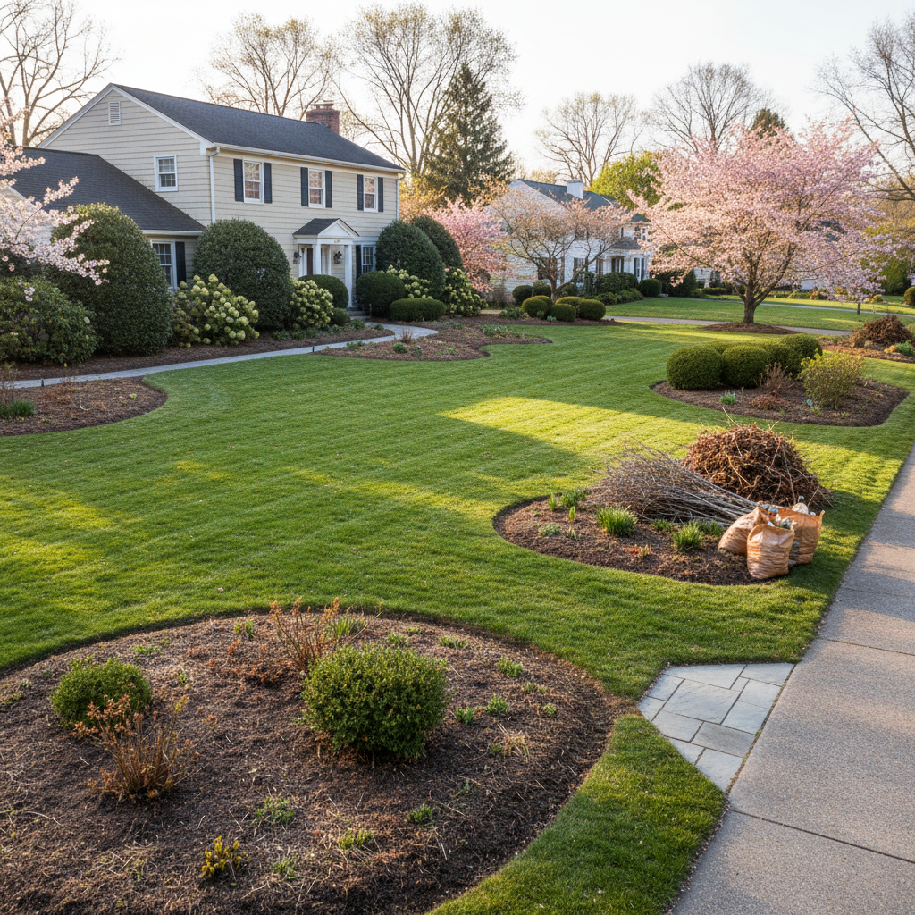 Residential yard transformation showing spring cleanup with cleared beds and restored landscape
