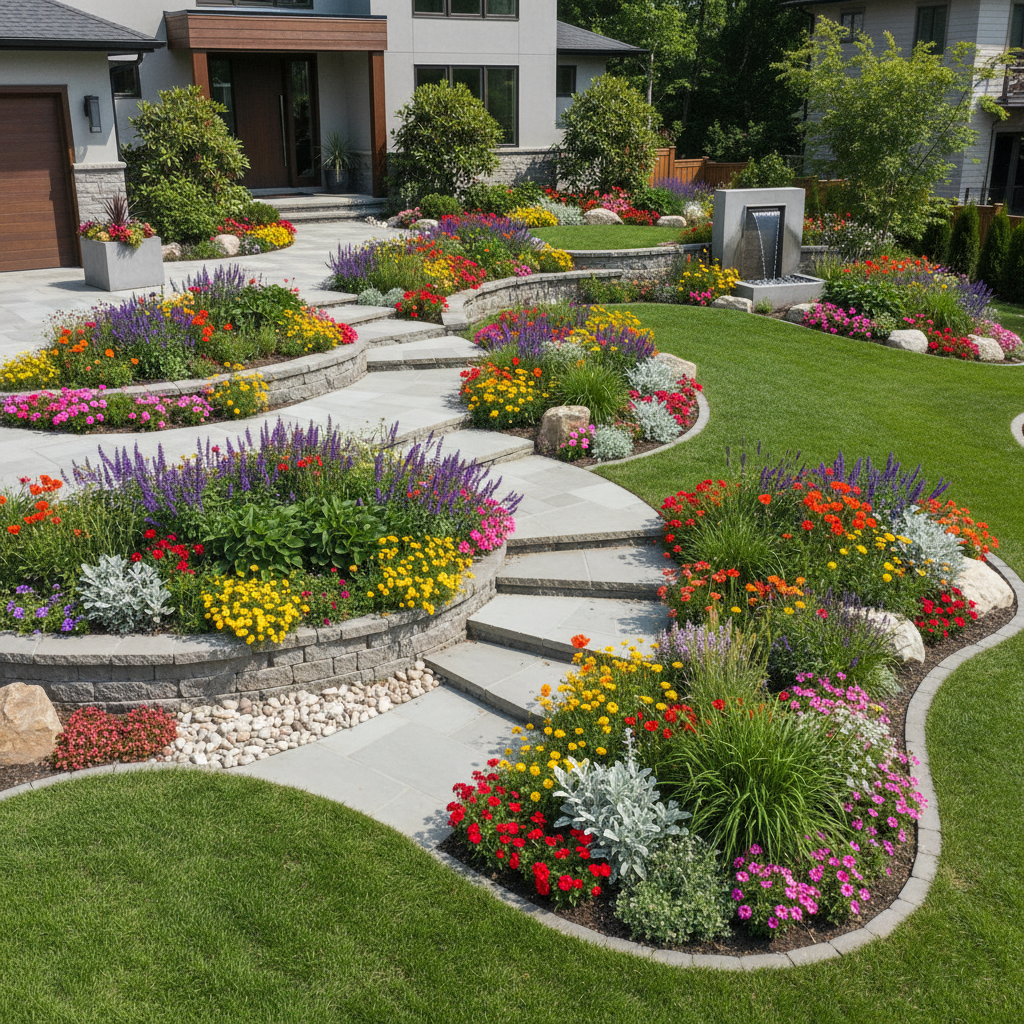 Beautiful residential landscaping with colorful plants, stone pathways, and artistic design