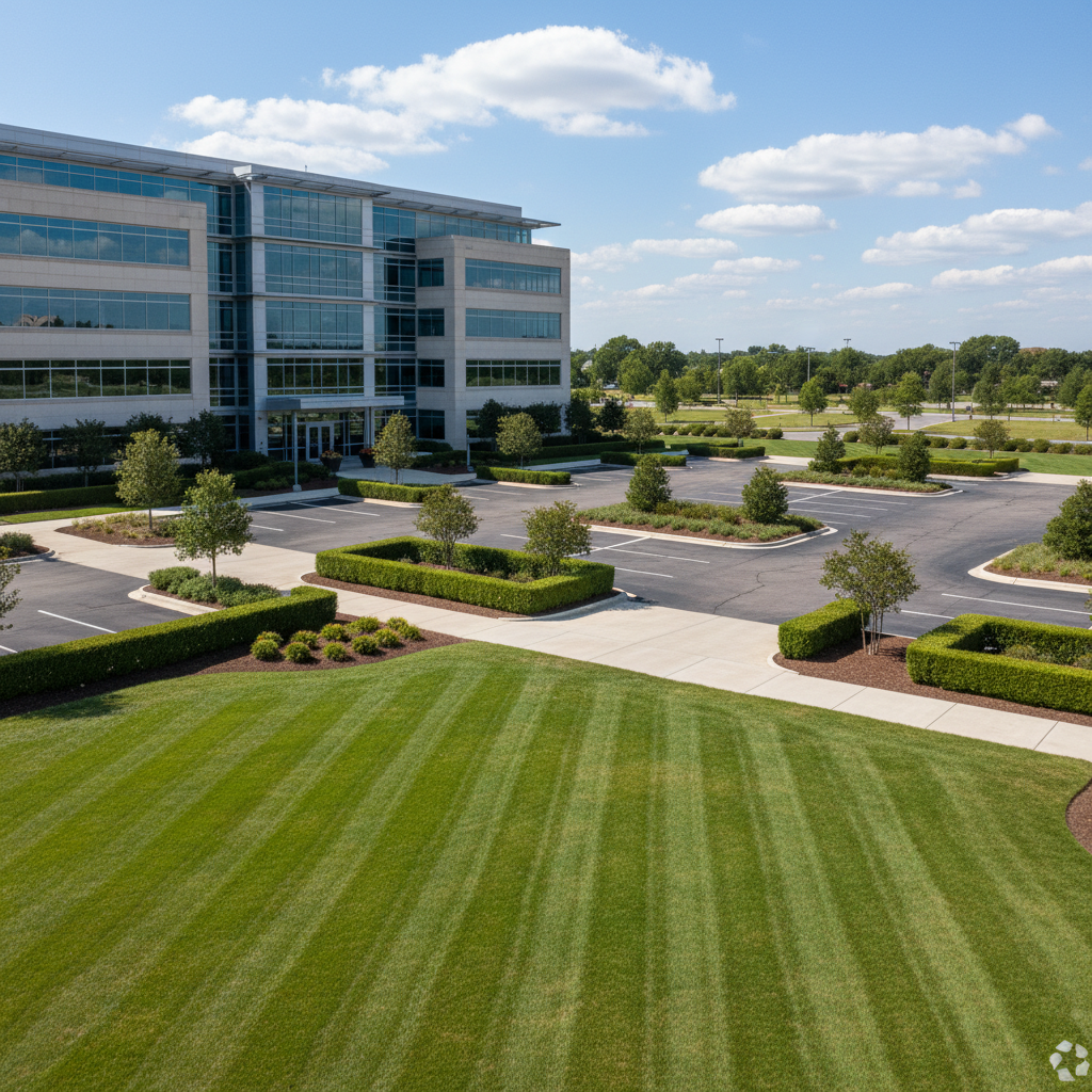 Professional commercial property landscaping with manicured grounds and office building