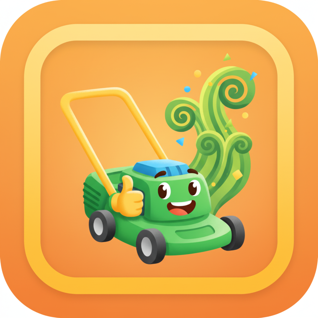 Precision Lawn Care logo - colorful cartoon lawnmower with friendly smile and vibrant green grass elements